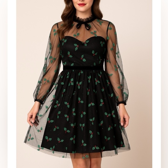 Unique Vintage Black Mistletoe Glitter Mesh Holiday Party Dress L 10-12 NWT - Picture 11 of 11